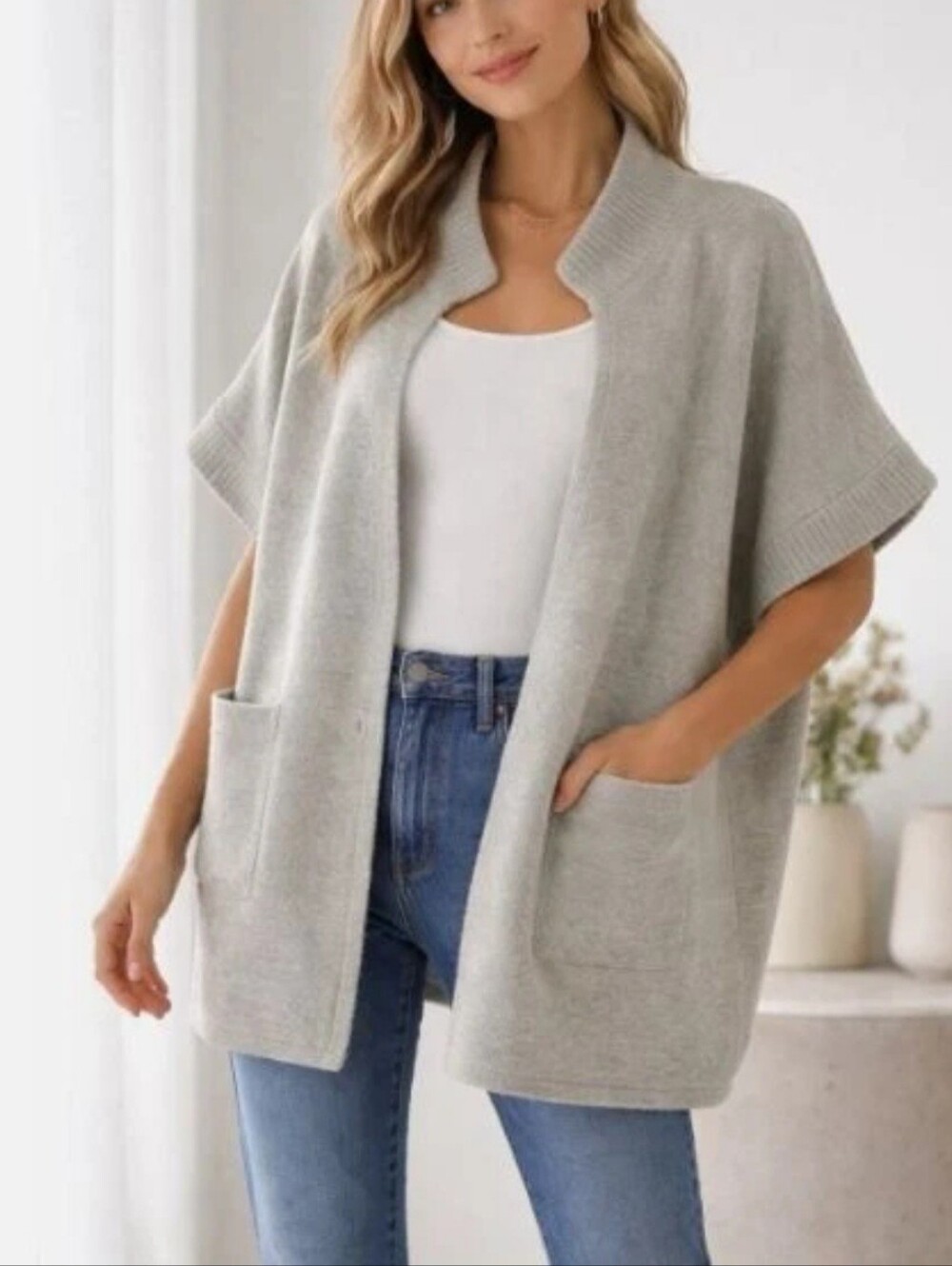 Anthropologie Sweater Cardigan One-Size Wool-Blend Short-Sleeve Gray
